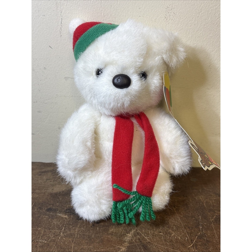 Vtg Ballon Club White Teddy Bear Hat Scarf Mini 8" Original Hang Tag Holiday